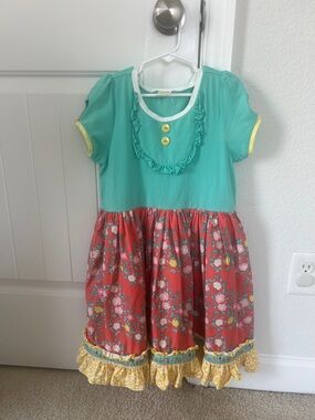 Wildflowers Girls Teal and Coral Floral Ruffle Dress